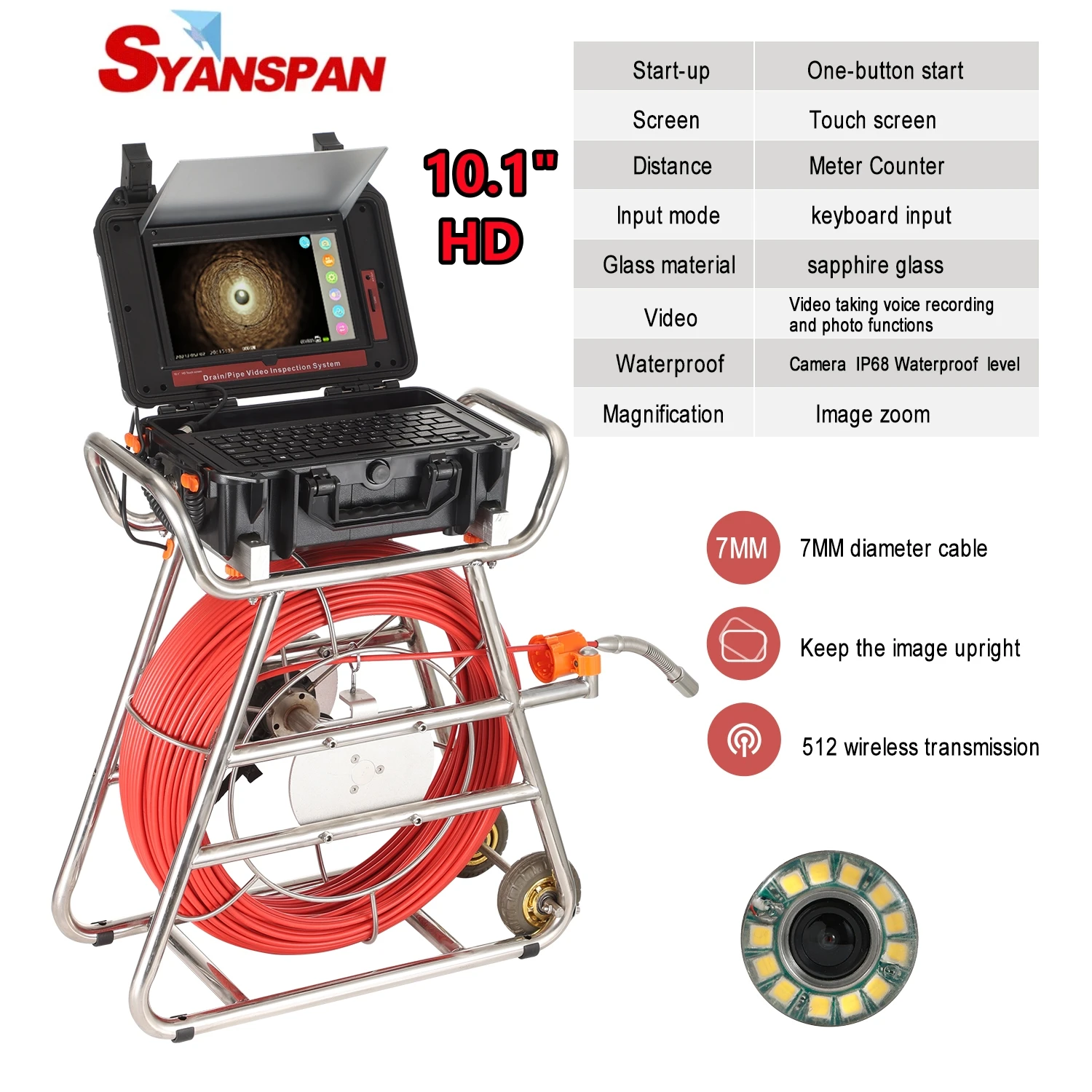 

HD 1080P 10.1in Pipe Inspection Camera 512HZ Locator 10-50M Distanc Counter Self-Leveling Video Audio Recording Endoscop Camera