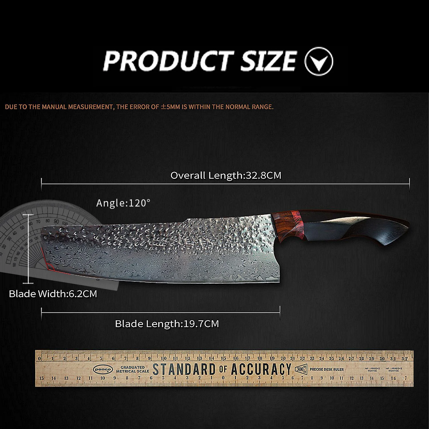FZIZUO VG10 Damascus Steel Cleaver 8 Inch Blade Ebony Wood Handle Kitchen Knife with Leather Sheath Gift Box.