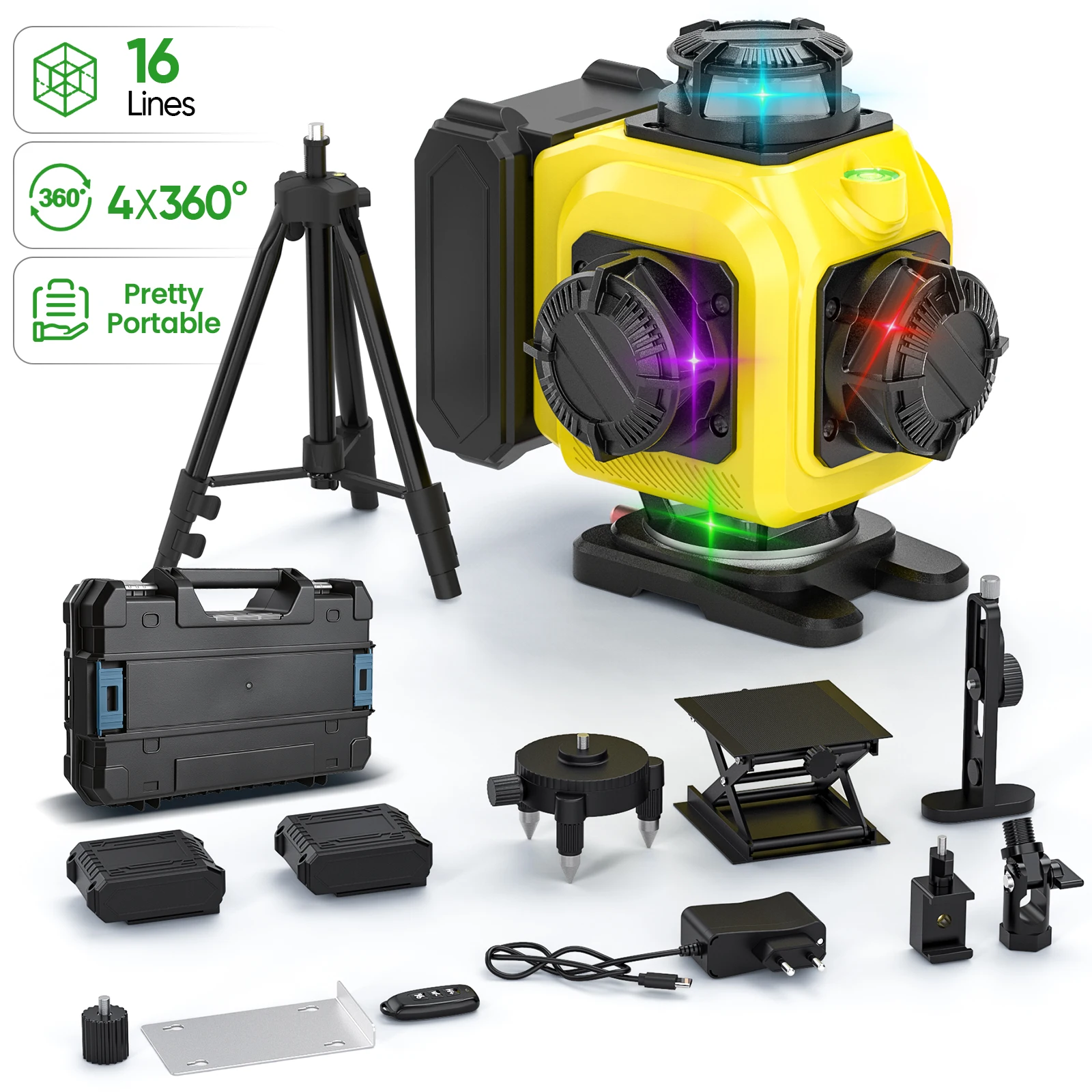 16-Linien 4D-Laser-Nivelliergerät mit Stativ, Fernbedienung, 4-Farben-Strahl, 360° °   Horizontale und vertikale, leistungsstarke Laser-Nivelliergeräte mit Leistungsanzeige