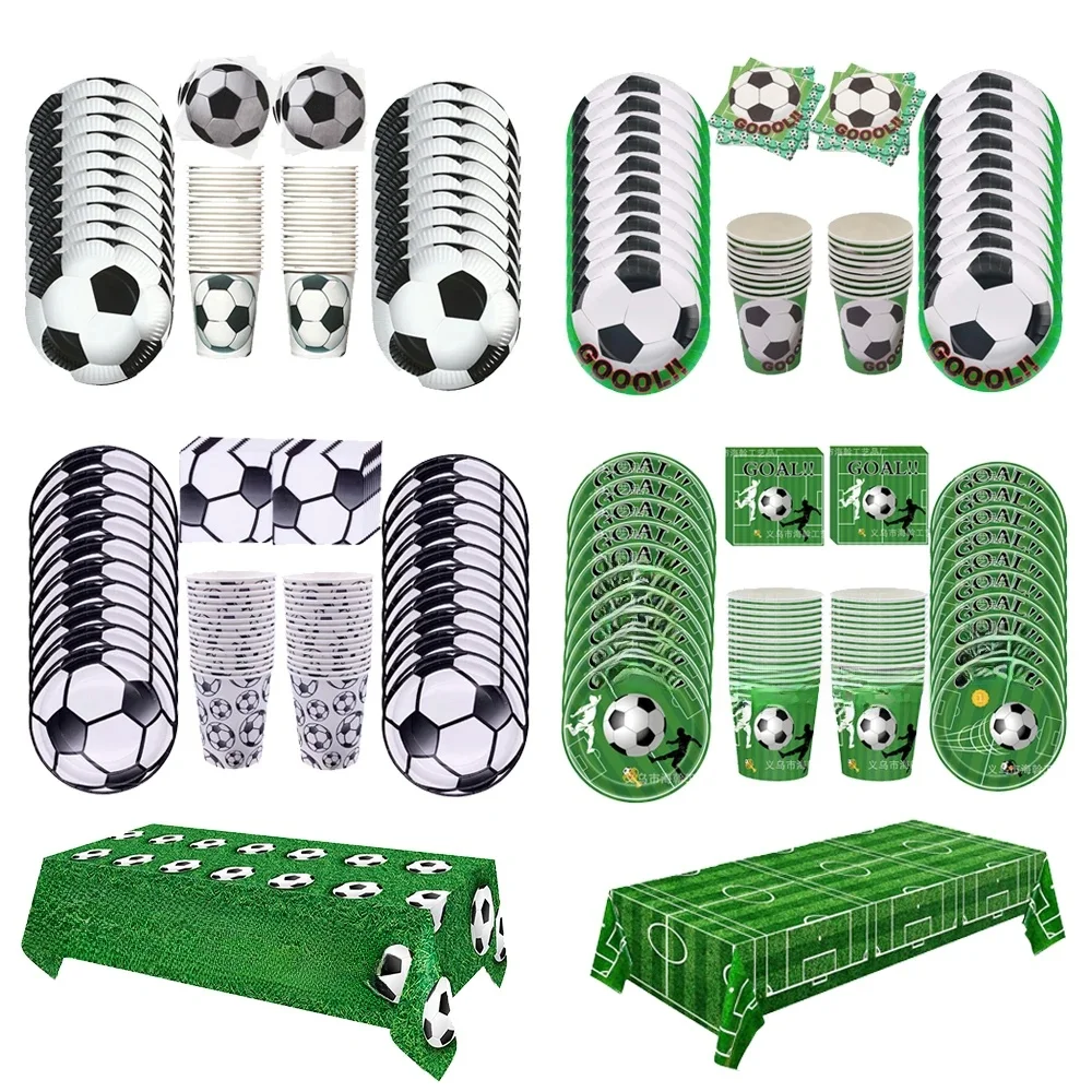 Fußball Thema Einweg Geschirr Set Pappteller Tassen Servietten Tischdecke Jungen Sport Fußball Geburtstag Party Decor Liefert