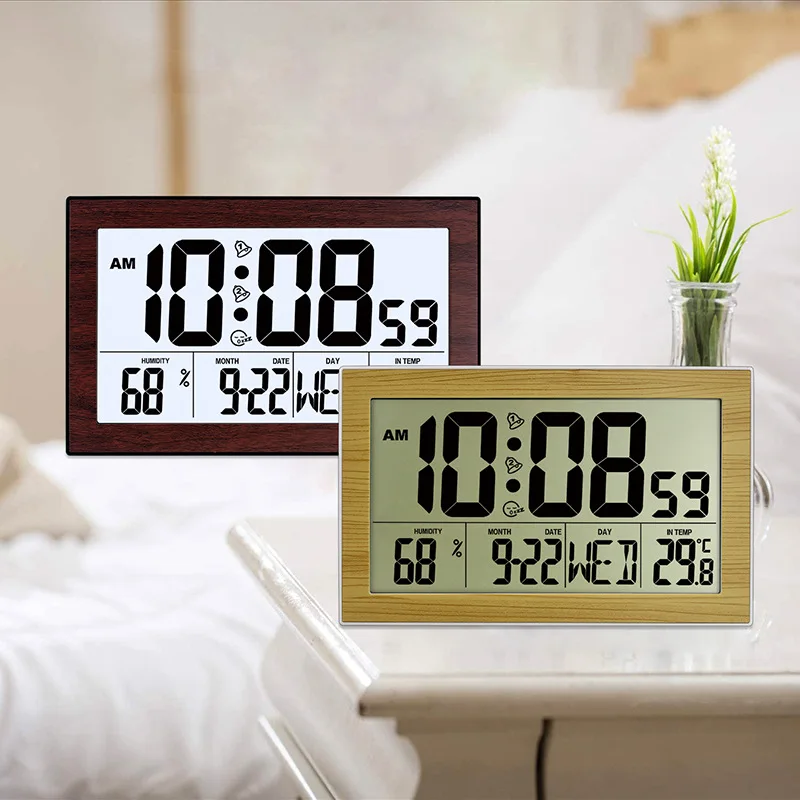 Multifunctional Large Screen Digital Alarm Clock Temperature Date 12/24 Time Display Wall Battery Powered Electronic Desk Clock