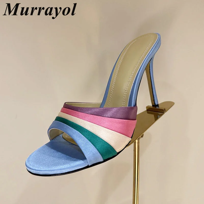 

Slippers Women Silk Satin Mixed Color Peep Toe Sandals Summer Thin High Heel Sandalias Mujer Party Banquet Shoes Lazy Stiletto