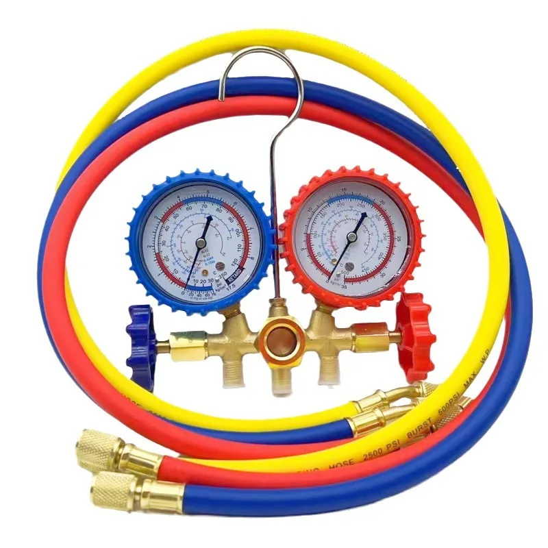 R134a Air Conditioning Pressure Gauge with 3 Hose and Hook A/C Manifold Double Gauge Set Freon For R12 R22 R404A R134a