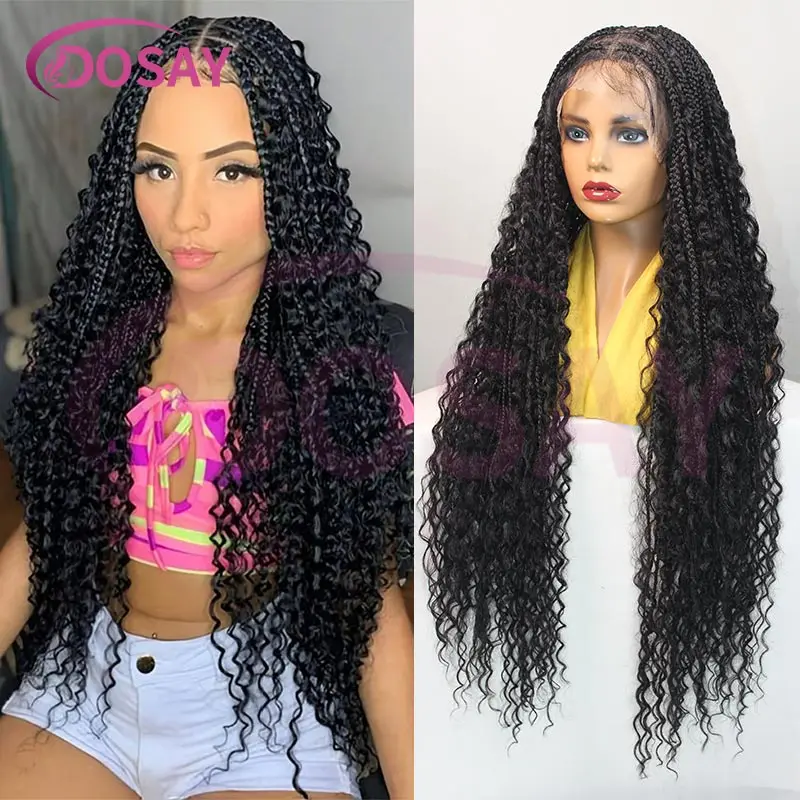 الاصطناعية 36 "الدانتيل الكامل بوهو شعر مستعار مضفر مجعد ينتهي عقدة صندوق الضفائر شعر مستعار للنساء السود 1B27 شقراء آلهة الضفائر شعر مستعار #1