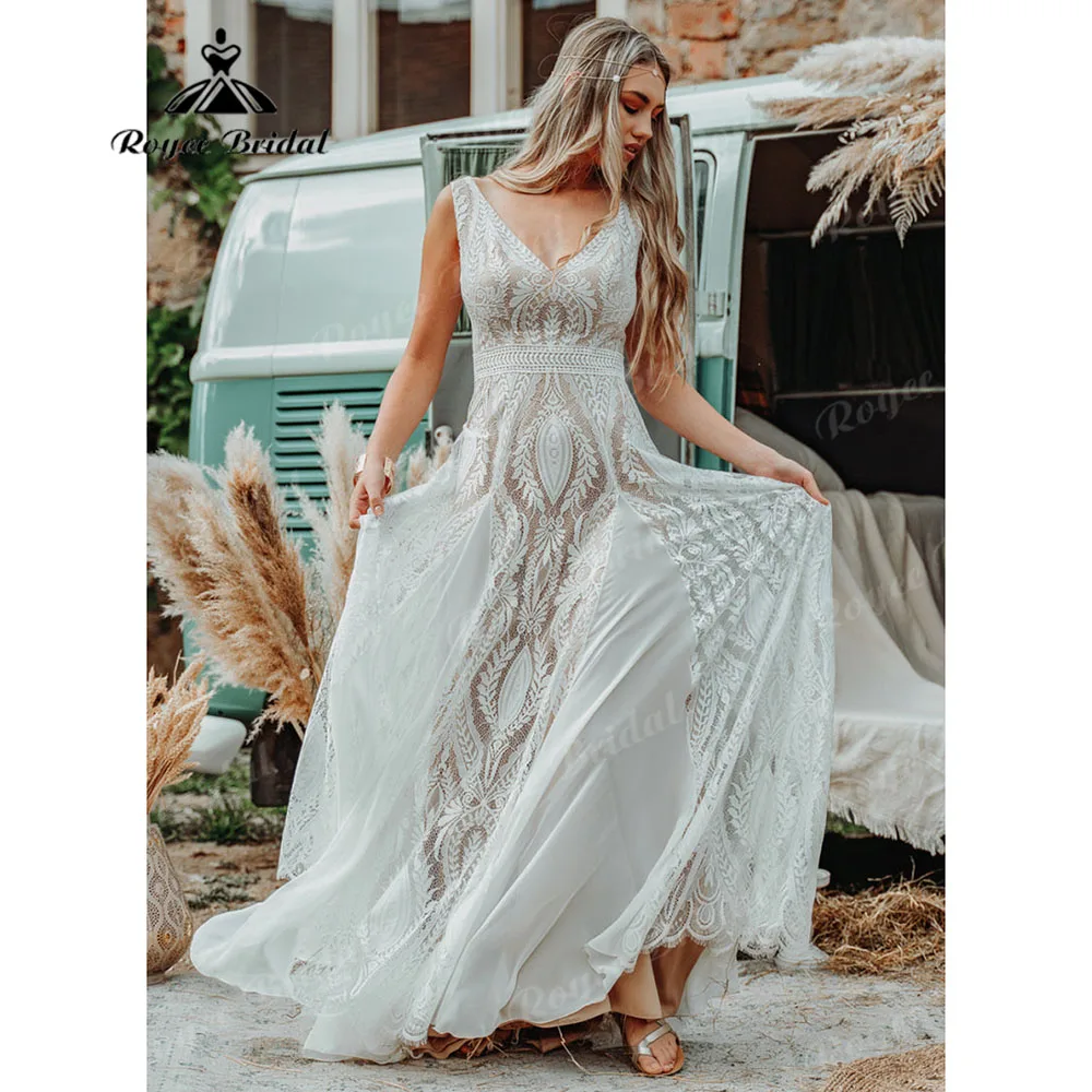 Robe civil sem mangas boho renda com decote em v vestido de casamento boêmio para mulher 2025 vestido de noiva sem costas vestidos de novia personalizado