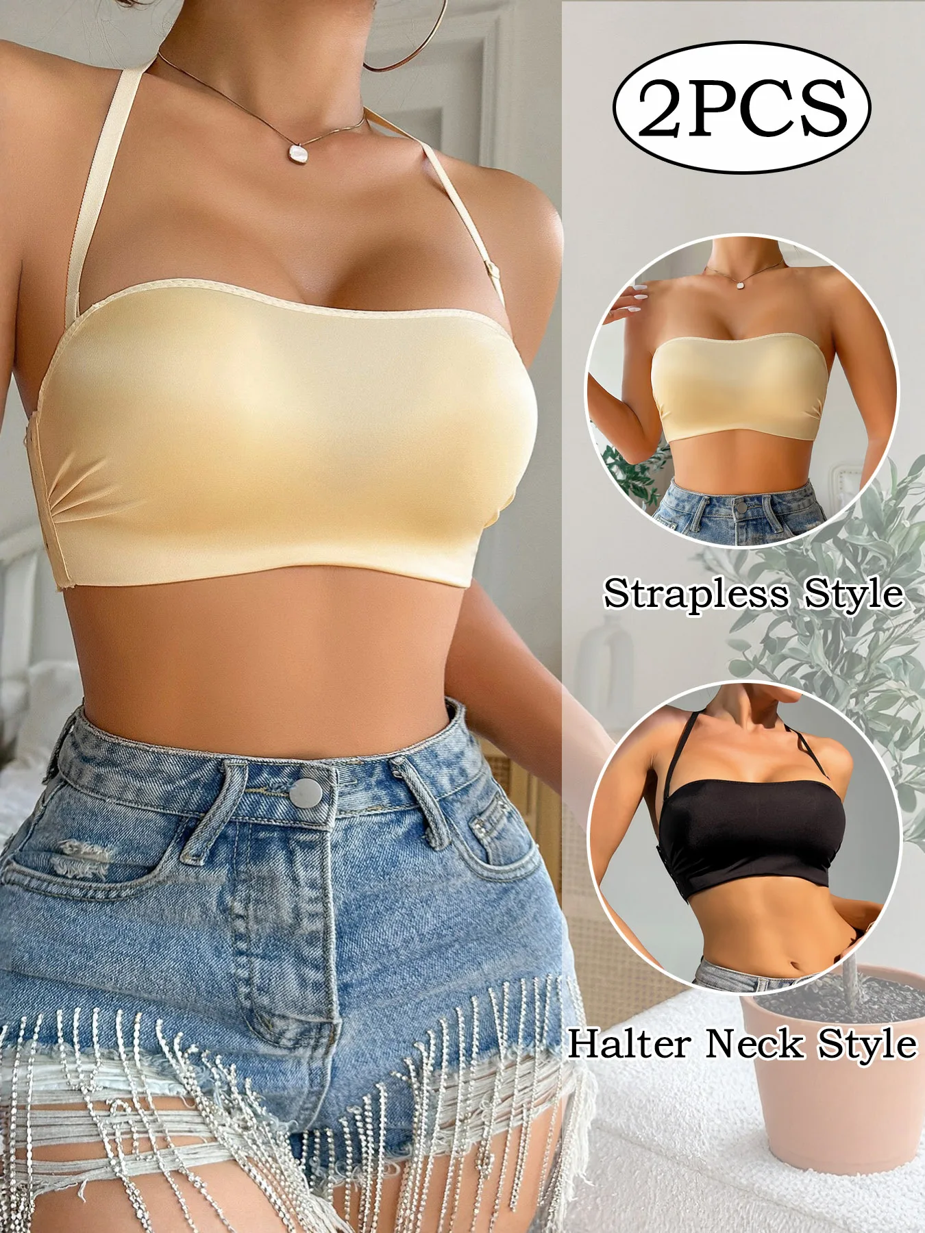 

Комплект из 2 женских бюстгальтеров-халтеров с эффектом пуш-ап, боковой застежкой и формованными чашками, кружевной, на каждый день, сексуальное белье