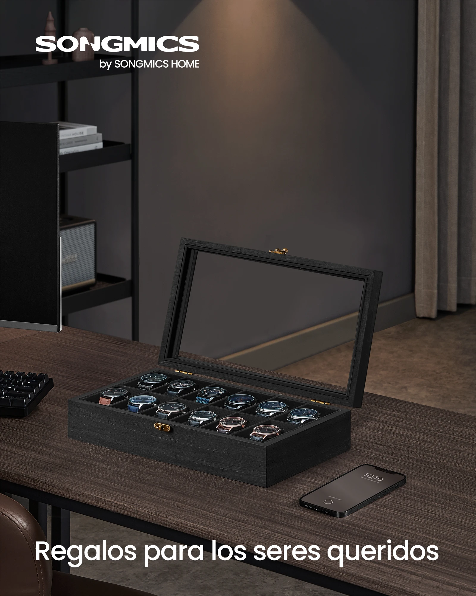 SONGMICS Caja para Relojes con 12 Compartimentos, Caja para Relojes de Madera Maciza, con Tapa de Cristal, Cojín para Relojes, Regalo para Queridos, Negro Tinta