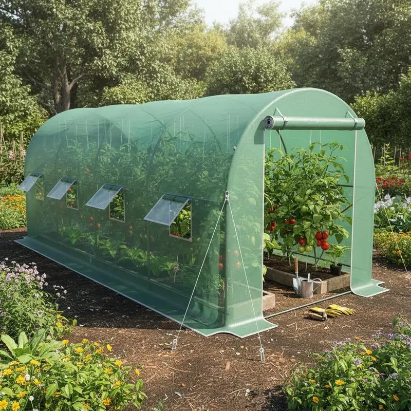 Groene tunnelkas 10m² 500 x 200 x 205 cm buisframe versterkt met ritssluiting 8 oprolbare ramen