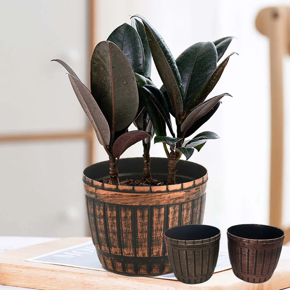 محاكاة وعاء الزهور البلاستيكي للخشب. - 11X9.5 سم - أصيص زهور داخلي أو خارجي. تصميم ريفي. الزهور، النباتات، الأواني، المزهريات، المركزية، ديكور المنزل. لا تشمل الزهور - قطعة واحدة #1