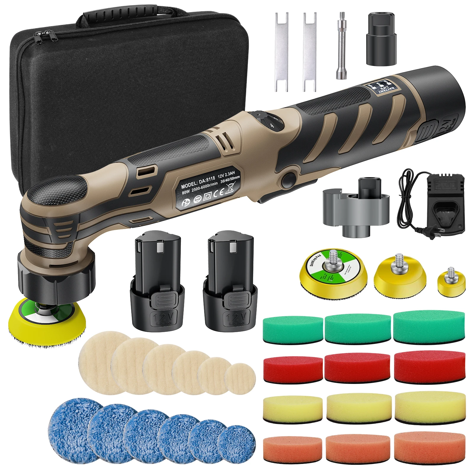 12V Cordless Mini Car Polisher Detailing Wireless Car Polishing Machine 1/1.5/2 Inch Pades Kit For Auto waxis, Adjustable Speed