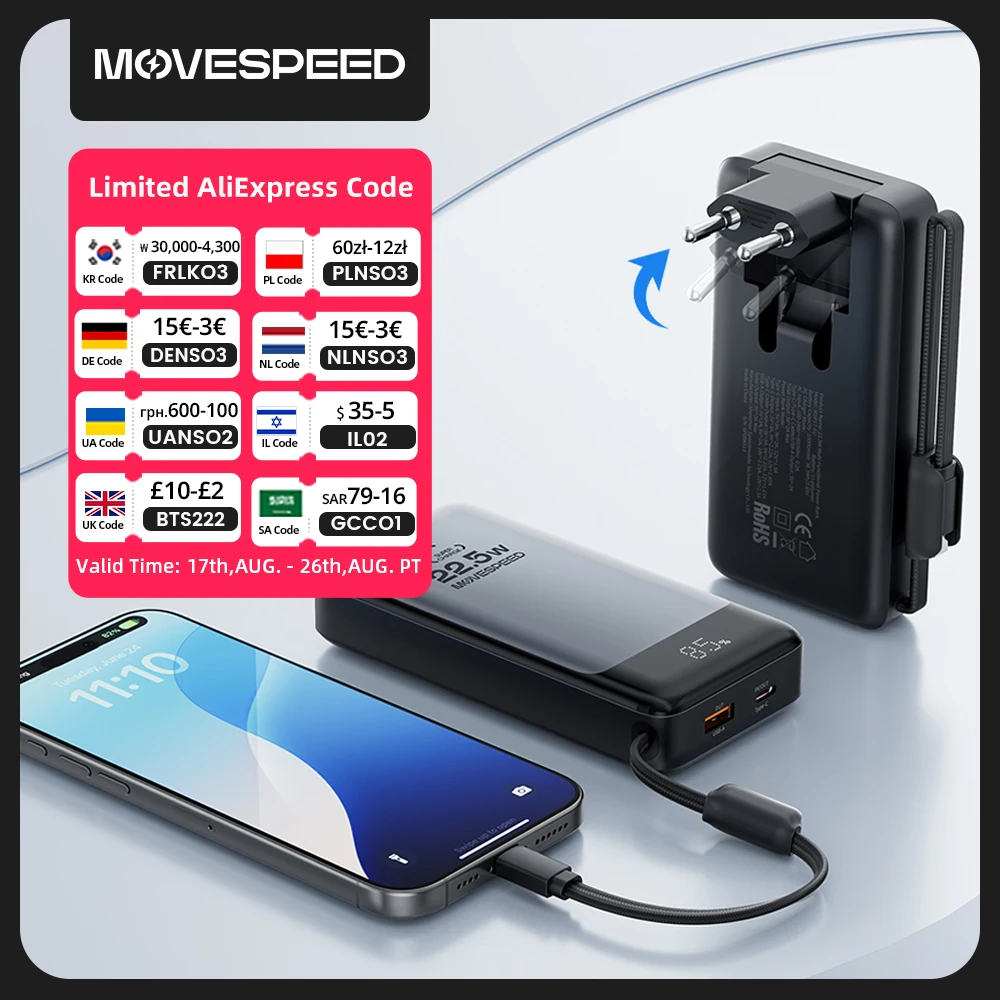 MOVESPEED MSP17 Power Bank 10000 mAh 22,5 W Tragbares schnelles Ladegerät und Akku in einer Powerbank mit klappbarem EU-Stecker für Smartphones