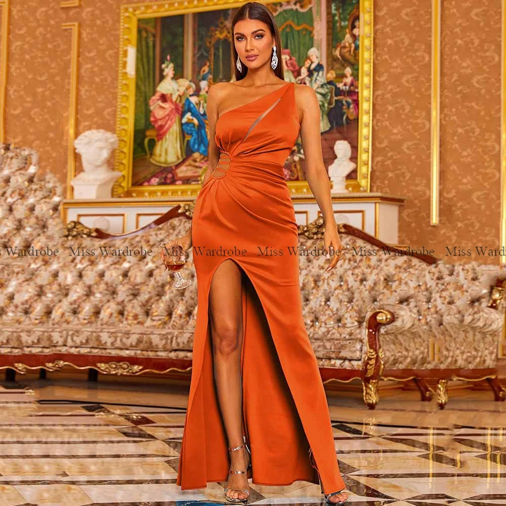 Hot Orange Prom Dresses One Shoulder Mermaid  Woman Party Hollow High Slit Floor Length  Gowns Evening 