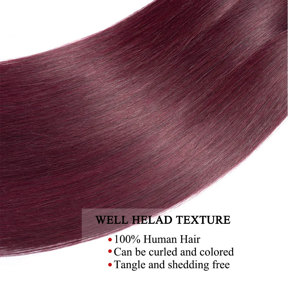 Fasci di capelli lisci con frontale 99j colore vino rosso bordeaux 100% capelli umani non trattati tesse 3 fasci con frontale 13x4 HD