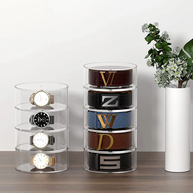 1-5Tier Clear Acrylic Belt Organizer Box Watch Dust Box Cylindrical Stackable Storage Box Closet Tie Strong Magnetic Storage Box