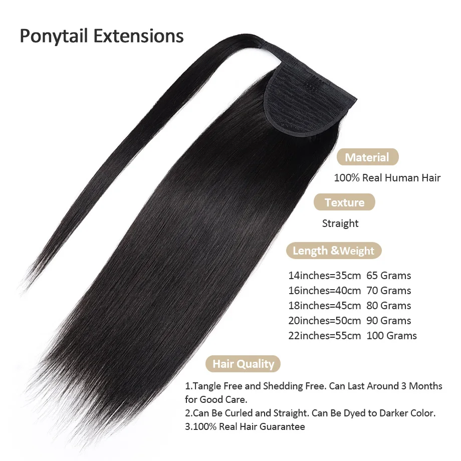 Human Hair Ponytail Extensions Magic Paste Invisible Ponytails 14-22‘’Wrap Around Soft Straight Ponytail Extensions With Clip in