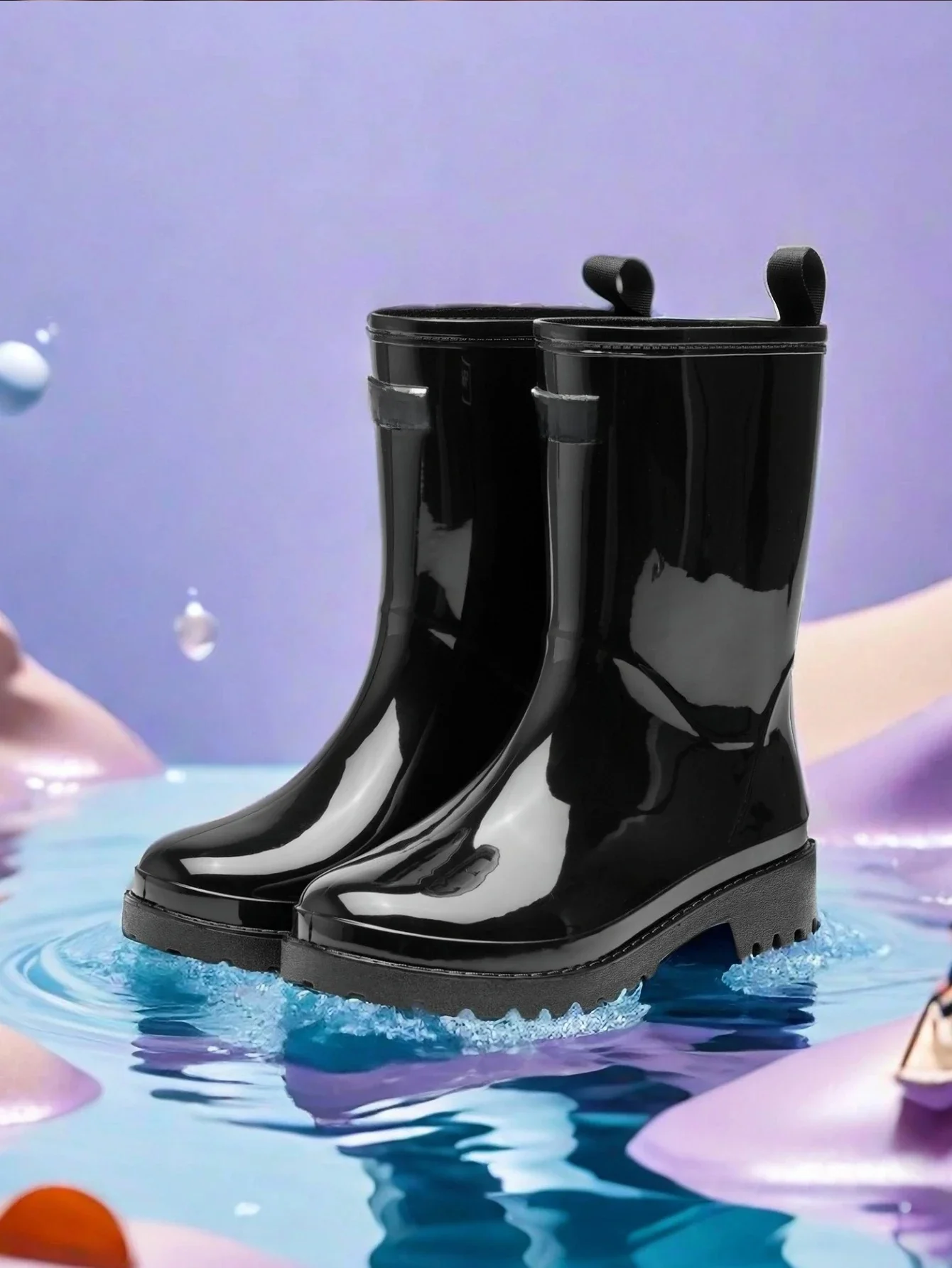 1 paire de bottes de pluie mi-mollet pour femmes, chaussures d'eau antidérapantes en Pvc résistantes à l'usure, chaussures imperméables noires pour femmes