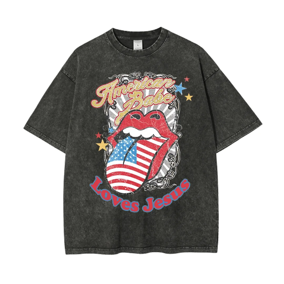 

American Babe Loves Jesus Christian Washed T-Shirt Summer Soft Tees Fashion Women’s O-Neck Short Sleeve Unisex Tops