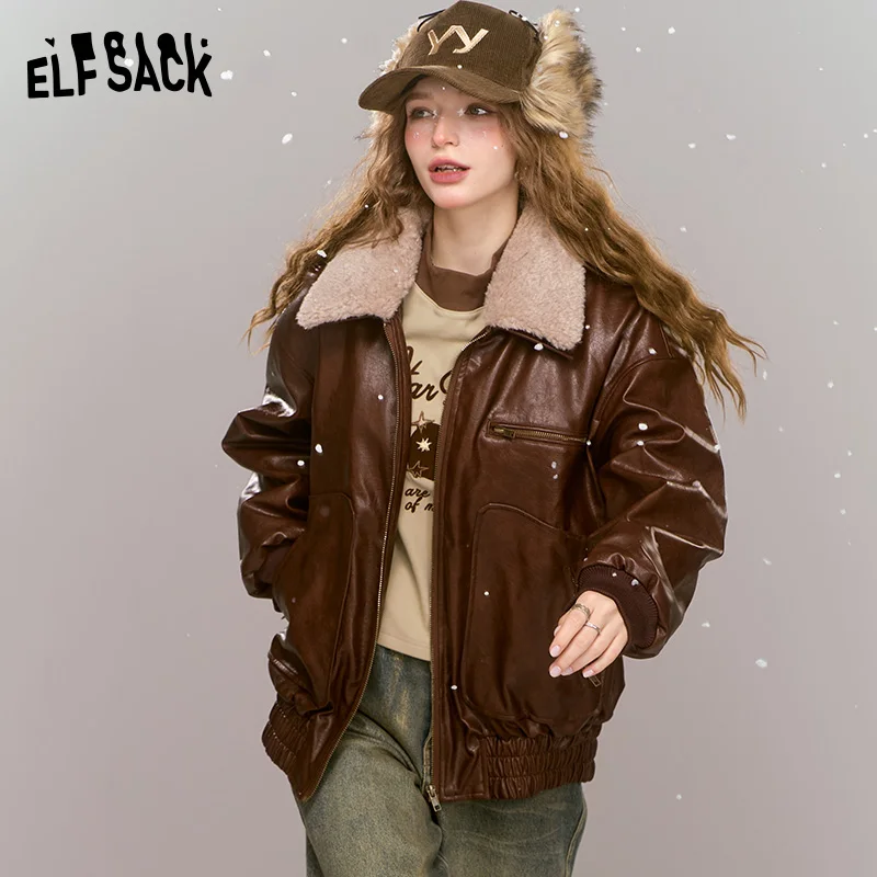 

ELFSACK 2024, новые зимние поступления, винтажная коричневая ветрозащитная куртка из искусственной кожи