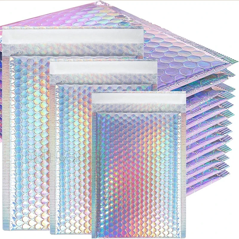 100 sztuk holograficzna koperta laserowa srebrna koperta wysyłkowa wodoodporna torba kurierska wyściełana koperta bąbelkowa torba do pakowania do wysyłki — zdjęcie produktu 7