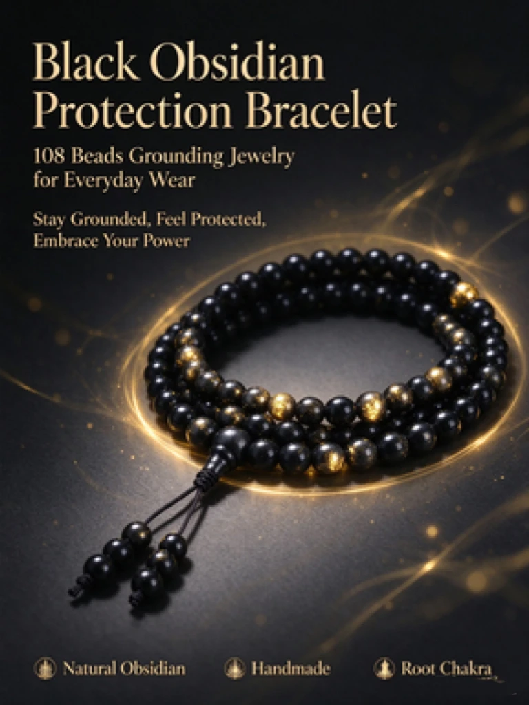 Black Obsidian Mala Beaded Bracelet, Adjustable Drawstring Knot, Hand Knotted Beads, Protection Spiritual Meditation Jewelry, Unisex Men Women Wrist Decor