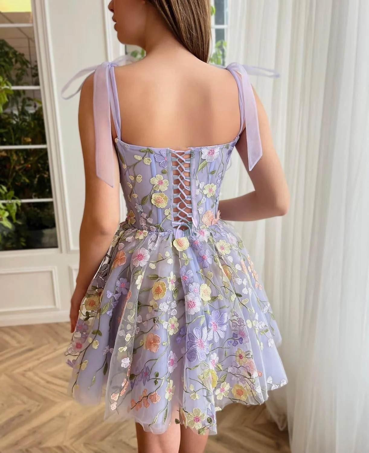 Cute A-line 3D Floral Embroider Mini Long Prom Dress Sleeveless Party Dress Floral Tulle Homecoming Dress vestidos Party Gowns