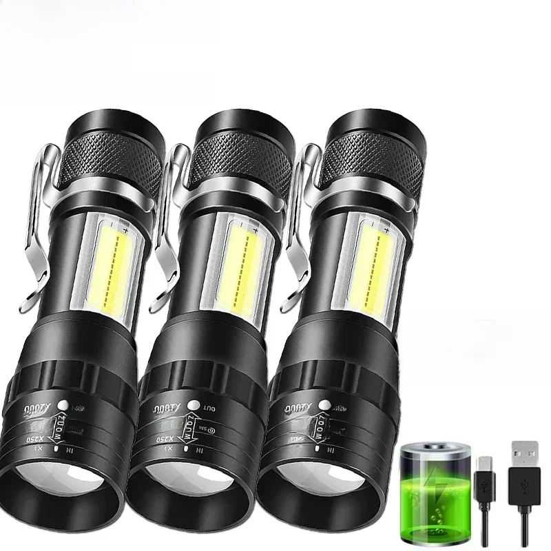 Mini lampe de poche Rechargeable USB COB + XPE LED torche Zoomable batterie intégrée 3 Modes d'éclairage lanterne de secours de Camping en plein air