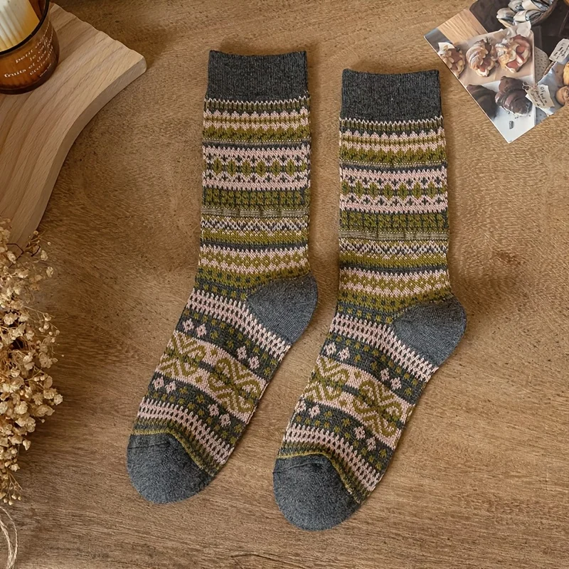 5 paires de chaussettes confortables d'inspiration vintage – Polyester 95% élasthanne 5%, tricotées, longueur mi-mollet, lavables en machine