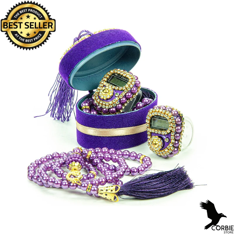 Velvet Boxed Mevlüt Set with Chanting Machine and Pearl Rosary Purple