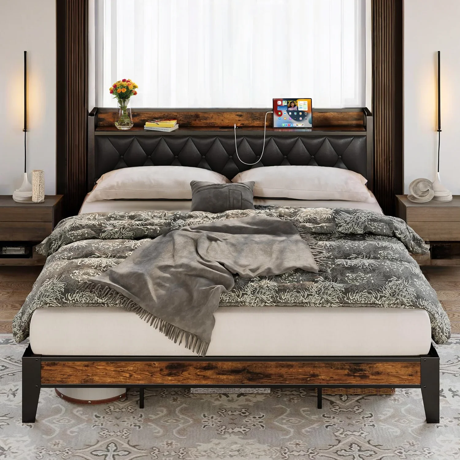 ANCTOR Bed Frames, Twin Queen CaliforniaKing Size Storage Headboard Outlets Easy Install Sturdy Stable, No Noise No Box Springs image 2
