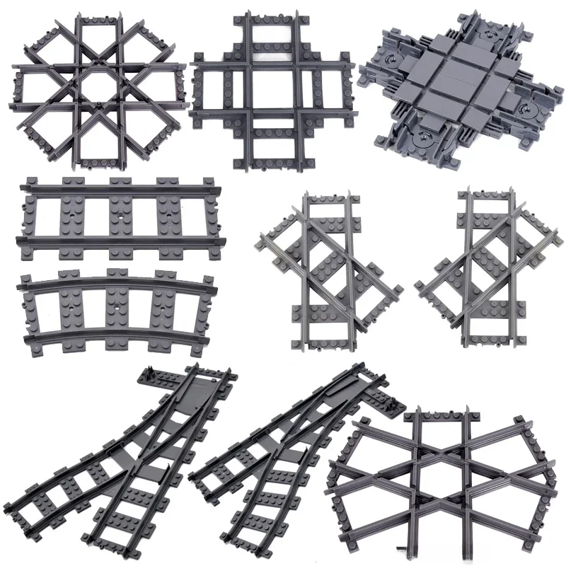 Trains urbains, Points gauche et droit, interrupteur Flexible, voies de croisement ferroviaire, Rails bifurcés, blocs de construction droits et incurvés, jouet en briques
