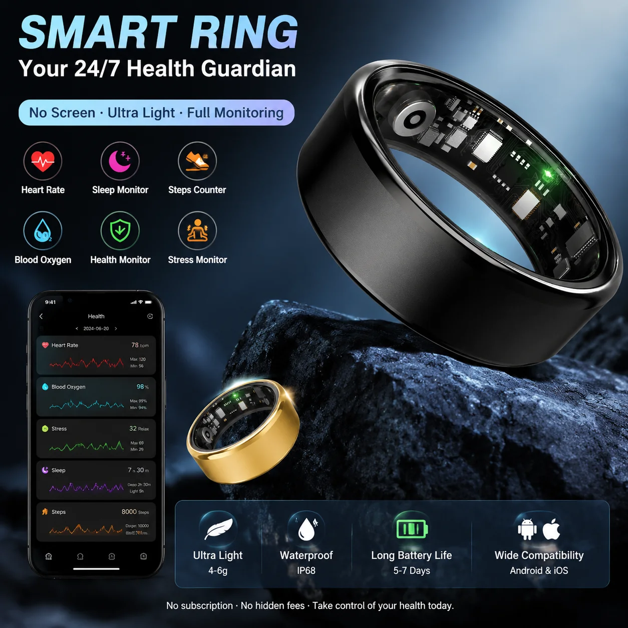 Outdoor Sport Smart Watch - 充電ケース付きスマートウォッチ 心拍数・血圧・酸素モニター 5ATM防水 アウトドアスポーツスマートリング タイマー iOS・Android対応