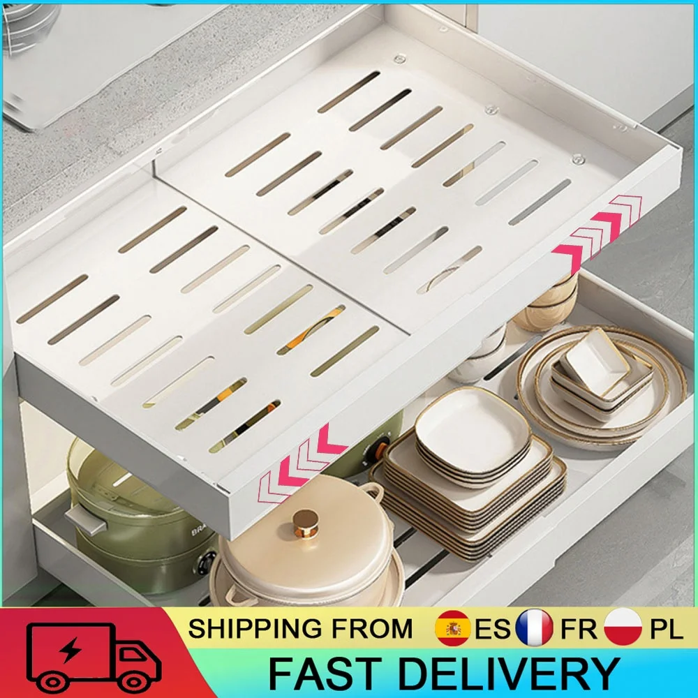 Étagère de rangement coulissante pour armoire avec 3 rails silencieux, pas de perçage requis, étagère télescopique pour armoire, idéale pour le rangement des épices de cuisine, organisation des