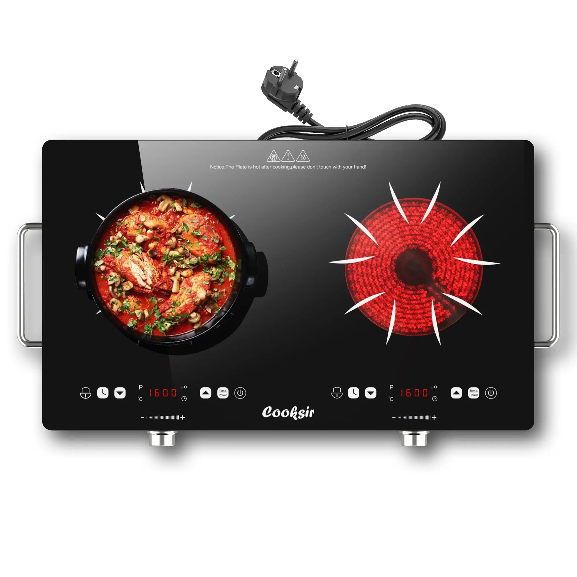 Cooksir Placa Vitroceramica 2 fuegos con enchufe, 3200W, 56cm, portátil, calor infrarrojo,Temporizador, Mando de control