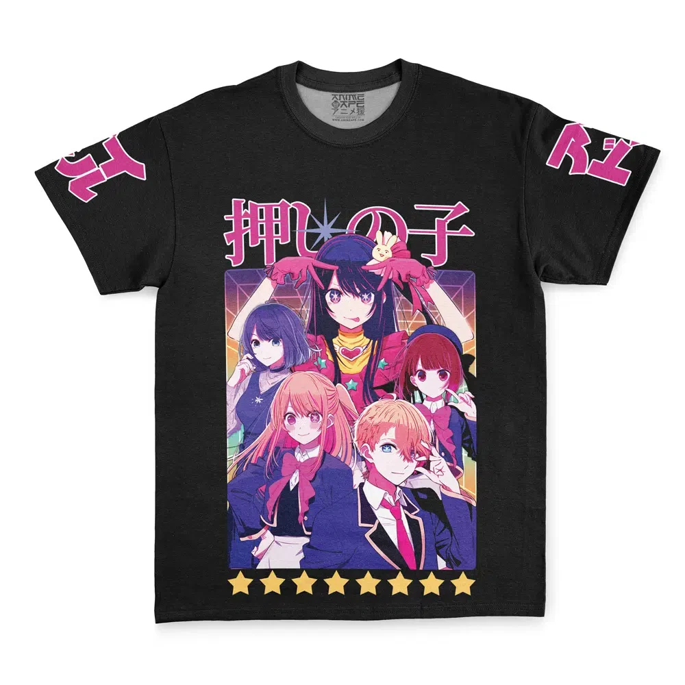 Herren-T-Shirt mit Oshi No Ko Anime-Motiv, Alle Charaktere, Japanischer Text auf dem Ärmel, Rundhalsausschnitt, Schwarz, Vintage Streetwear Kurzarm-Grafik