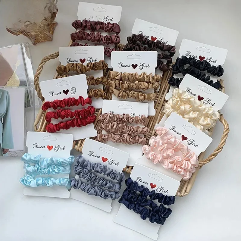 Ensemble de chouchous en soie pour femmes, 3 pièces/ensemble, bande en caoutchouc de couleur unie, attaches pour cheveux pour filles, accessoires pour cheveux, bandeau pour femmes, porte-queue de
