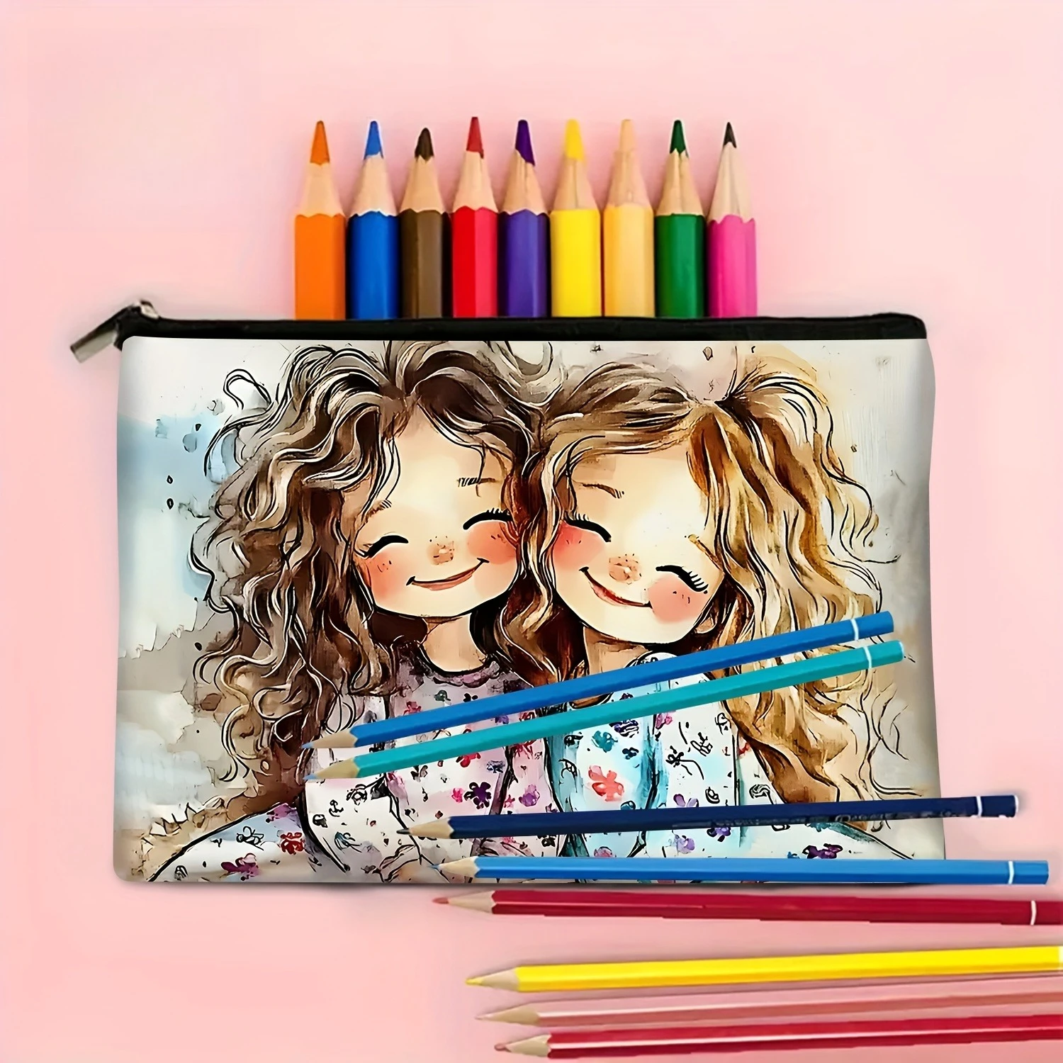 1Pc Cute Hand-Painted Retro Design Multifunctional Travel Makeup Bag for Besties, Snack Storage Bag, Stationery Storage Bag, Fashionable Toiletry Bag, Canvas Double-Sided Printed Zipper Pouch