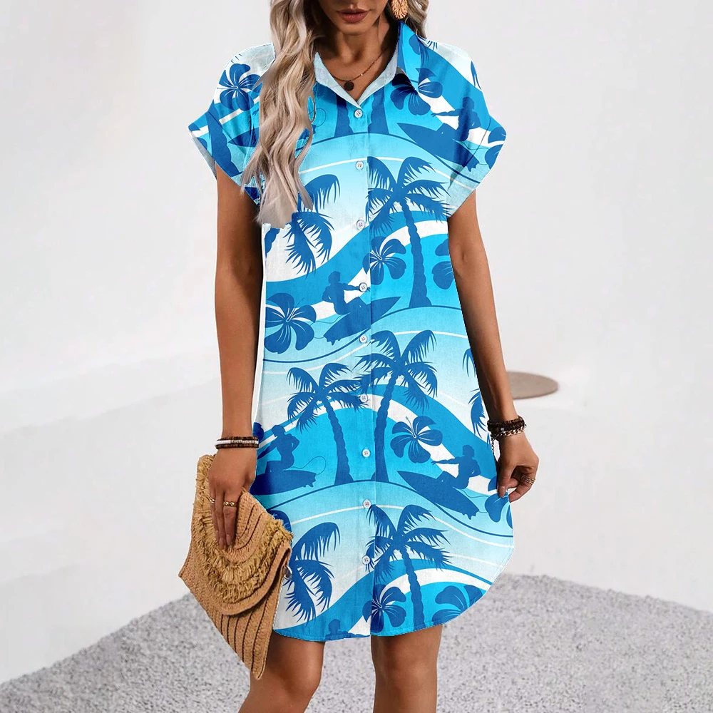 2024 New Hawaiian Style Shirt Skirt Coconut Tree Printed Loose Knee-length Skirt Fashion Button Shirt Skirt Suitable for Summer