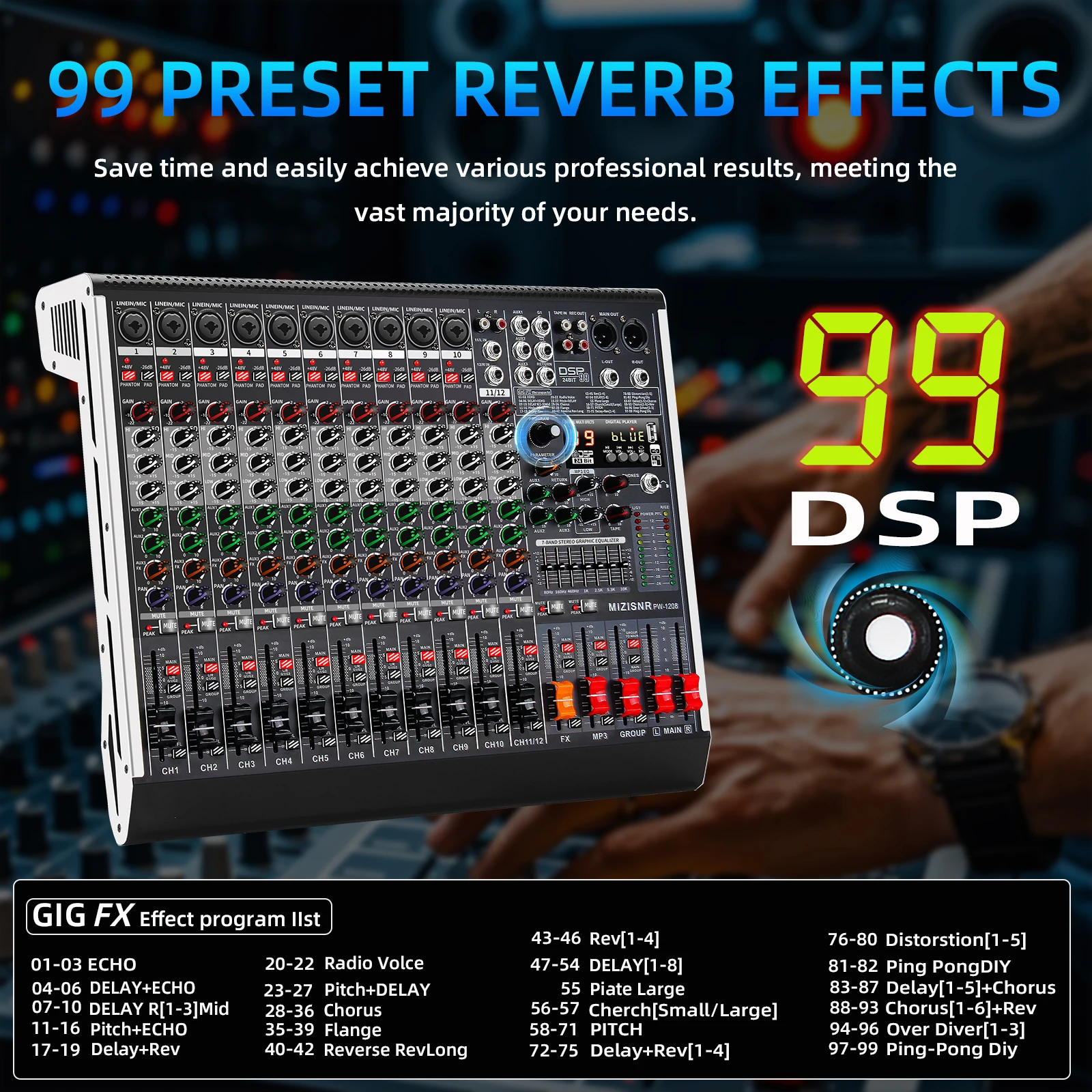 FULUODE 10 Channel Mixing Console Mono 99 Digital Effect USB Sound Card dj Mixer Bluetooth 48V 2 AUX Dj Karaoke Audio Table