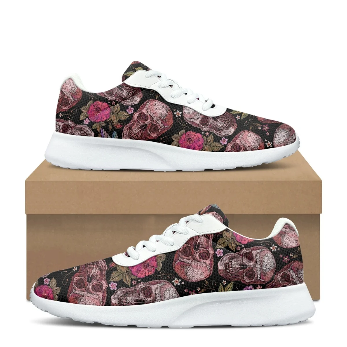 Skull Flowers Print Women's Sneaker Wear-resistant Dirt Resistant Cozy Outdoor Running Shoes Lightweight Breathable Walking Shoe