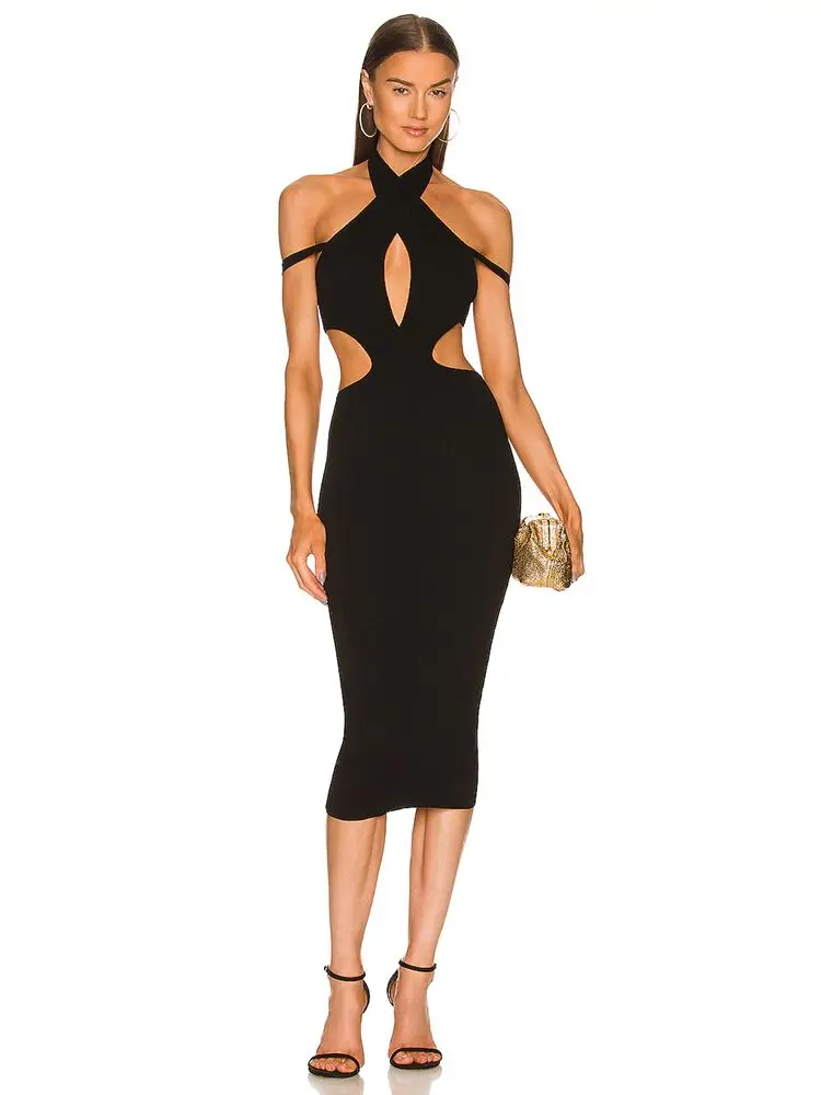 Women's Cut Out Midi Bandage Dress 2023 Summer V Neck Sleeveless Backless Bodycon Off Shoulder Sexy Elegant Evening Dresses