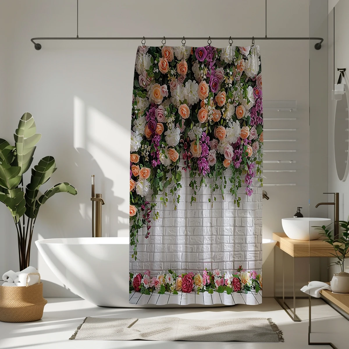 1 pc colored rose patterned polyester material shower curtain waterproof fabric, thickened anti mold partition curtain, bath