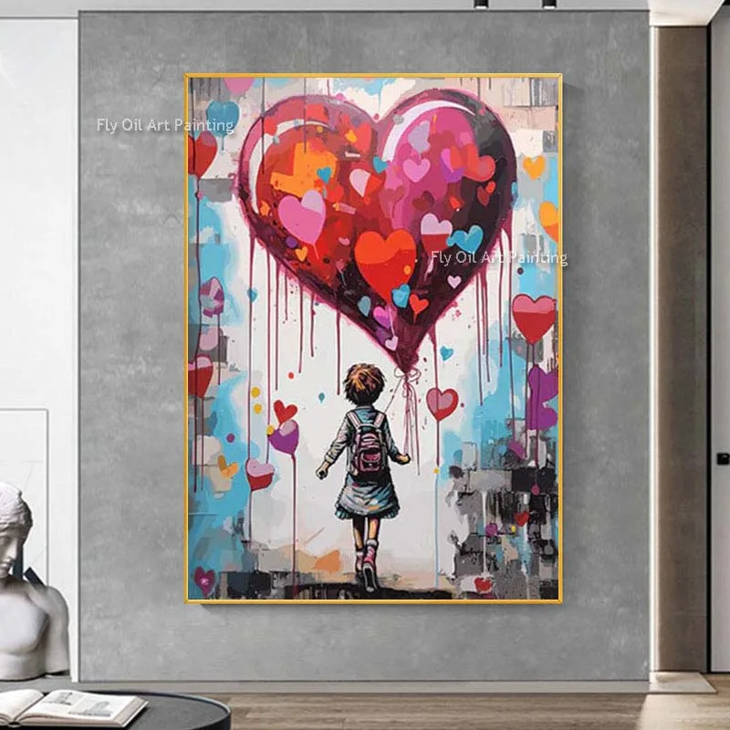 

Banksy Style Girl With Heart Balloon Oil Canvas Painting Hand Painted Pop Graffiti Wall Art Ready To Hang Canvas Art Unframed