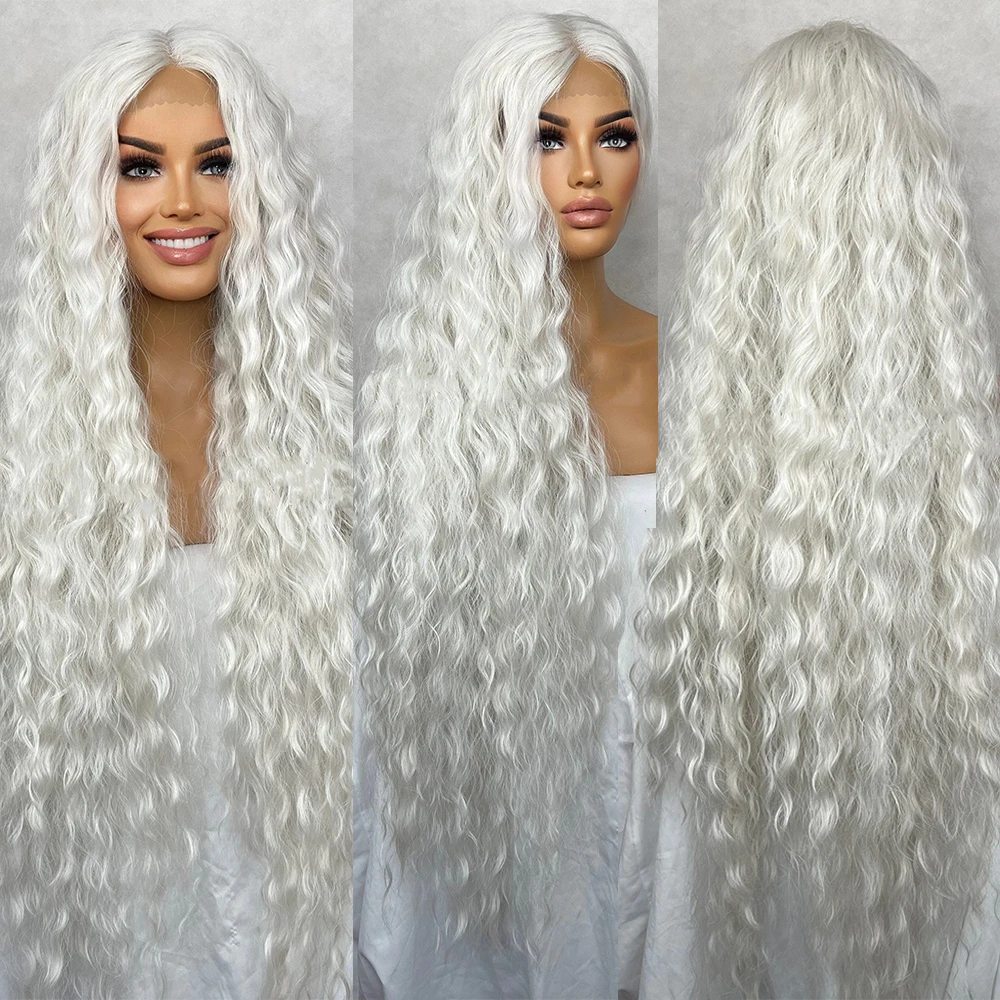 Long Wavy Curly Wig, Lace Front Center Part, Ice White Platinum Blonde Cabelo Humano, Fibras Sintéticas Misturado, Resistente ao Calor, 36"