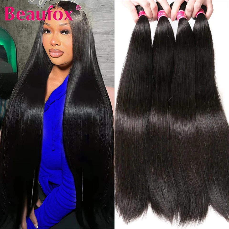 Beaufox Straight Human Hair Bundles Brazilian Human Hair Weave Bundles Human Hair 1/3/4 Straight Bundles Deal Natural/Jet Black