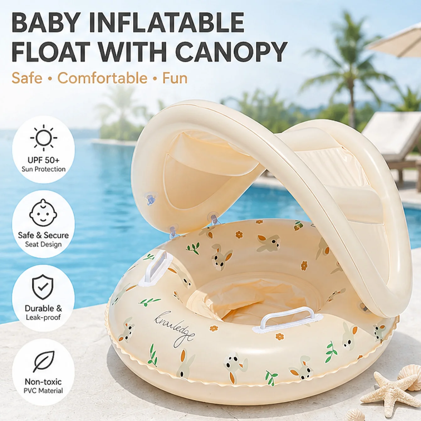

1PC Inflatable Swim Ring with Canopy UPF50+ Sun Shade Seat Float Leakproof PVC Pool Float with Handles for Summer Water