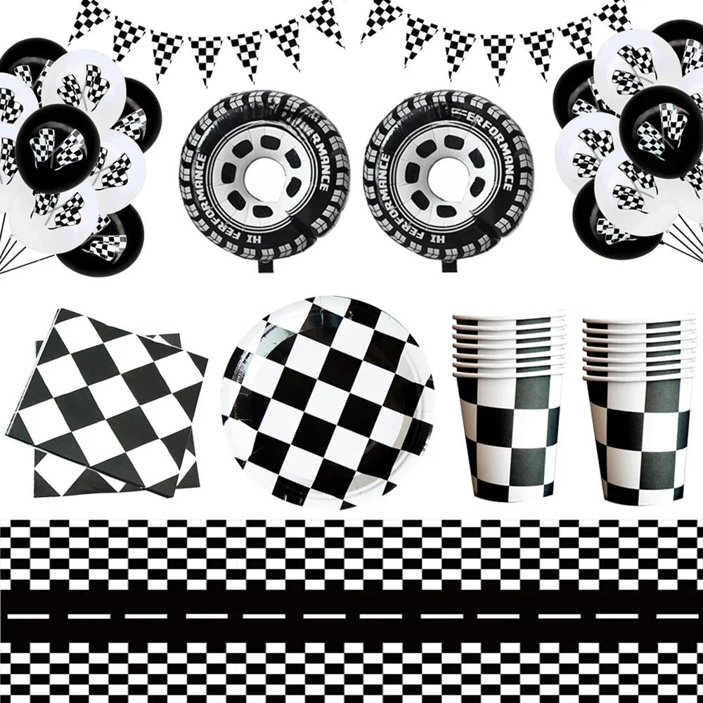 Thème de voiture de course fête d'anniversaire noir blanc à carreaux vaisselle jetable assiette en papier tasses garçons fête bébé douche faveurs décor
