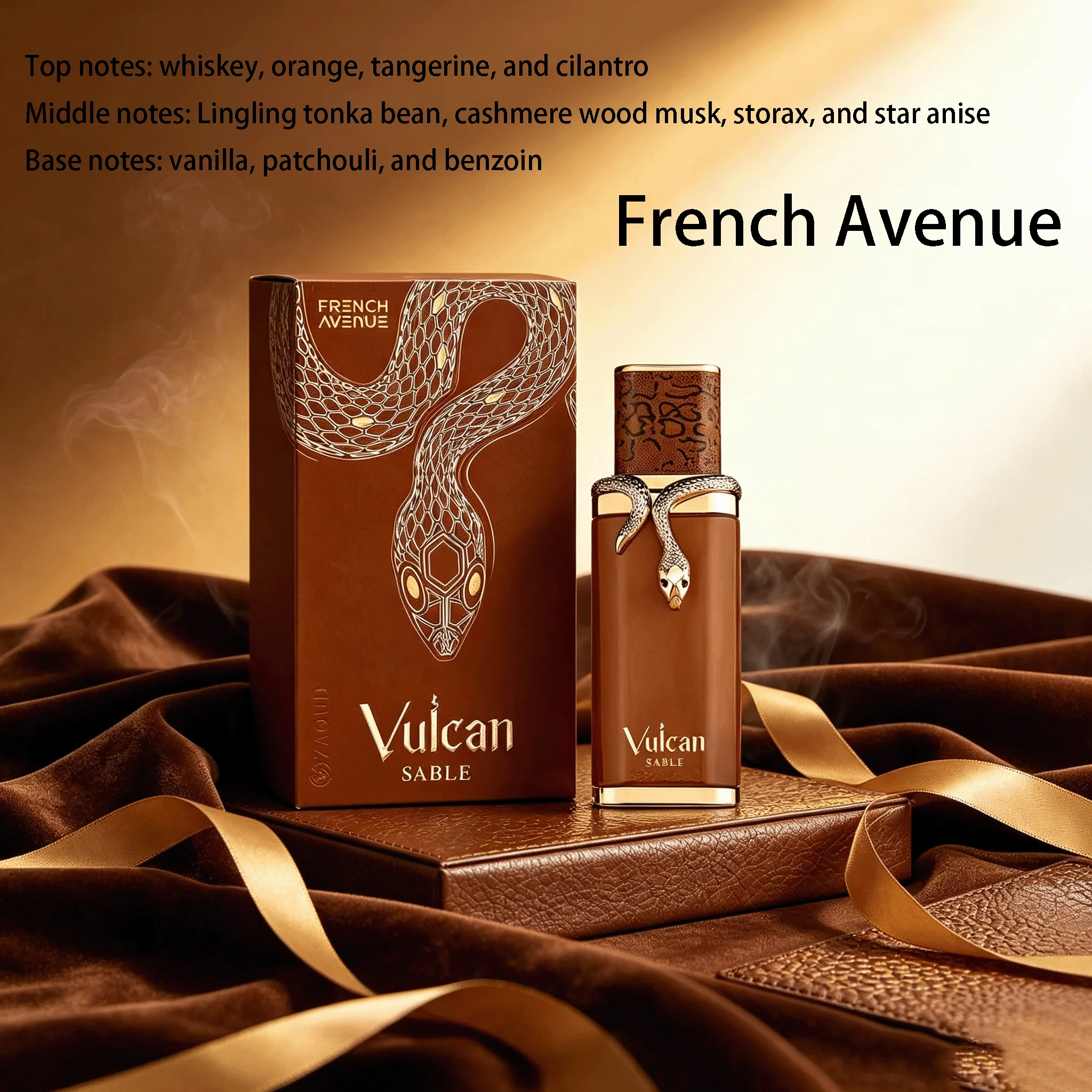 French Avenue Vulcan Sable Extrait De Parfum 100ml, Notas Superiores: Whisky, Naranja, Mandarina, Cilantro, Notas Intermedias: Frijol de Tonka, Cachemira, Estoraquio, Anís Estrellado, Notas Base: Vainilla, Pachulí, Benjoín, Perfume Unisex Oriental Gourmand