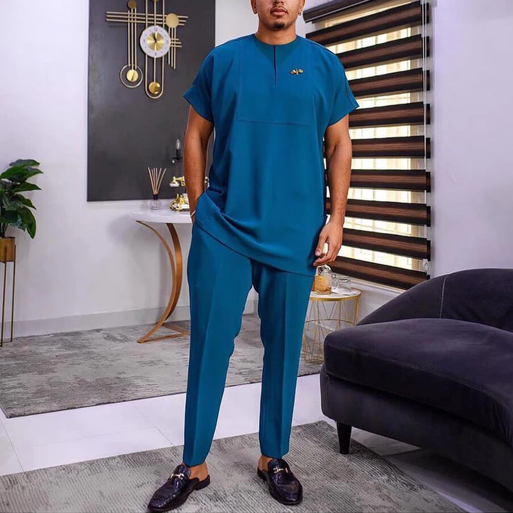 2024 Sommer neue Herren-Sets Kurzarm Rundhals ausschnitt einfarbig einfaches Hemd und Freizeit hose zweiteiliger afrikanischer Herren anzug (M-4XL) – Detail 3