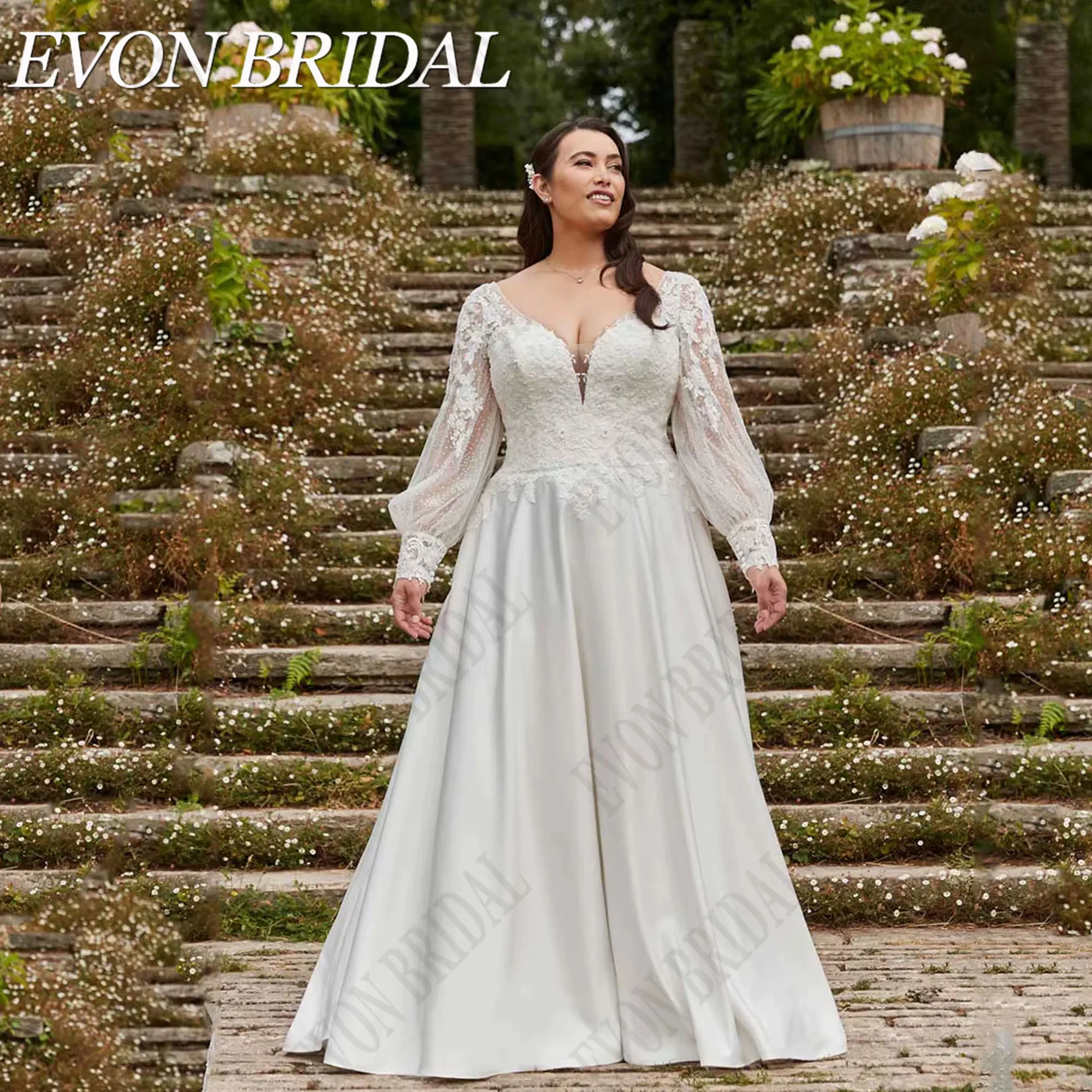 

Plus Size Wedding Dresses Long Puff Sleeves V-Neck Satin A-Line Bridal Gowns Lace Applique Robe De Mariée EVON BRIDAL Customized