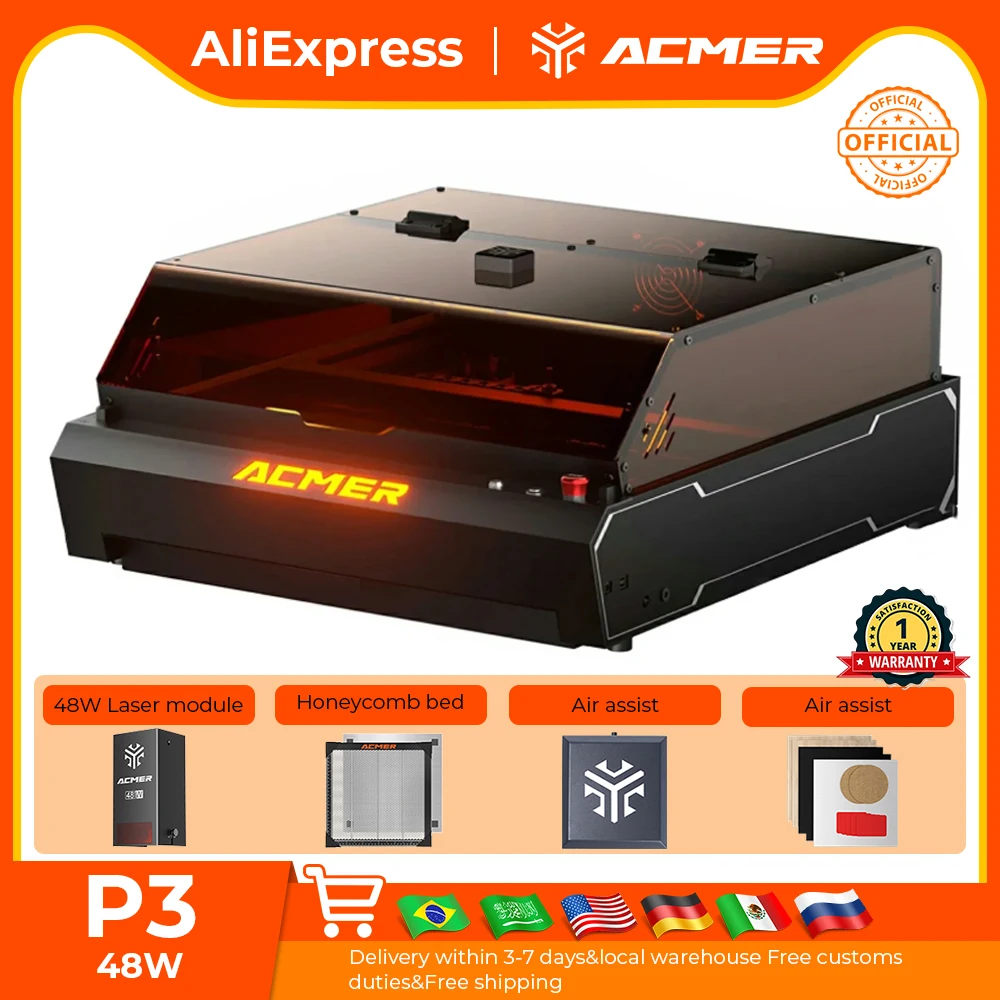Macchina per incisione laser ACMER P3 24/48W Diodo blu Macchina per incisione e taglio ad alta velocità CNC a doppio laser completamente chiusa